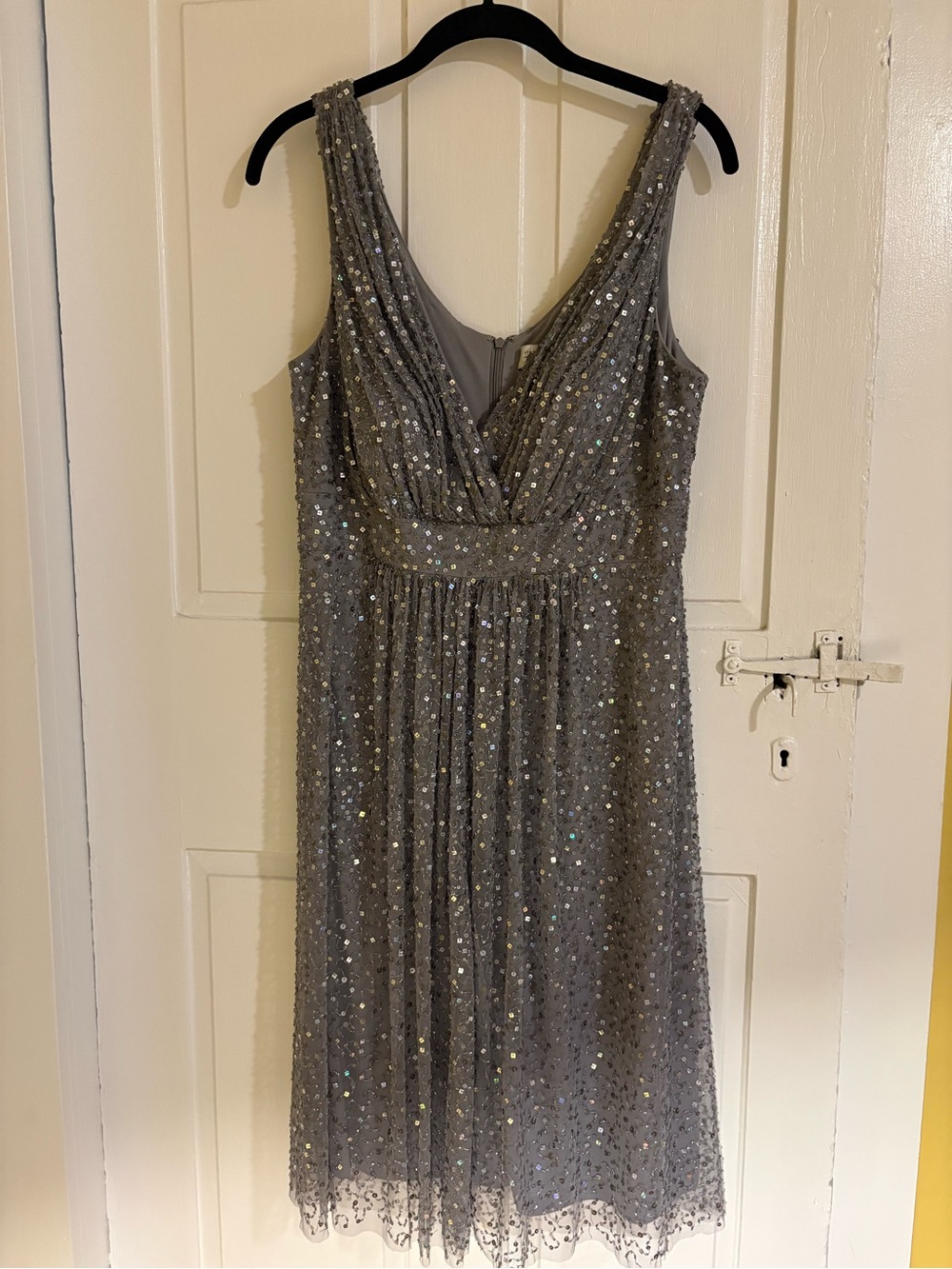 Teri Jon Silver Sequin V-Neck Midi Dress